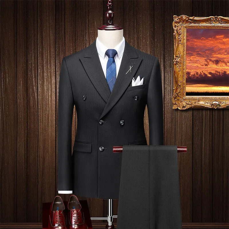 3 Piece Men’s Leisure Suit British Slim Stripe Double-Breasted Groom Wedding Dress Suits | DYQ06