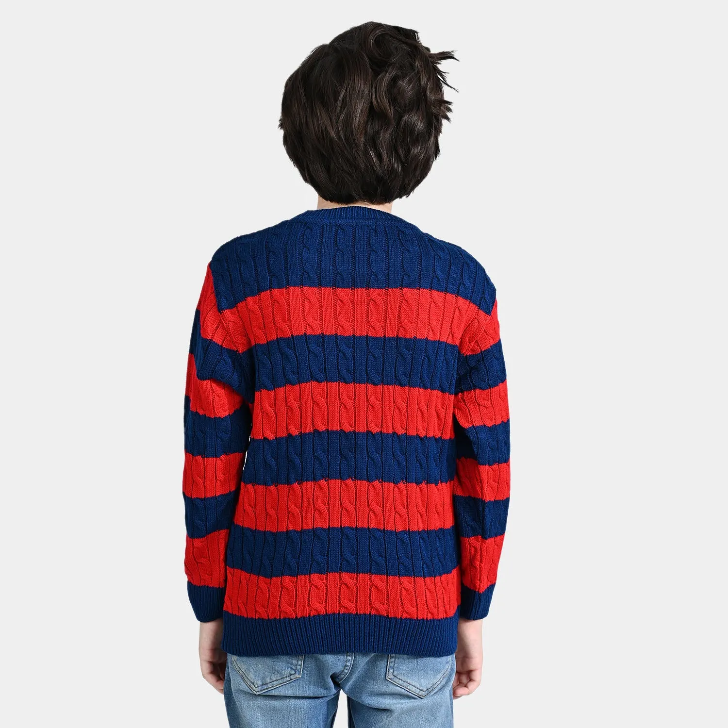 Boys Acrylic Sweater Cable Stripe-Navy/Red