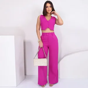 Fashion Cropped Vest Two-piece Bright Suit (3 Colors)