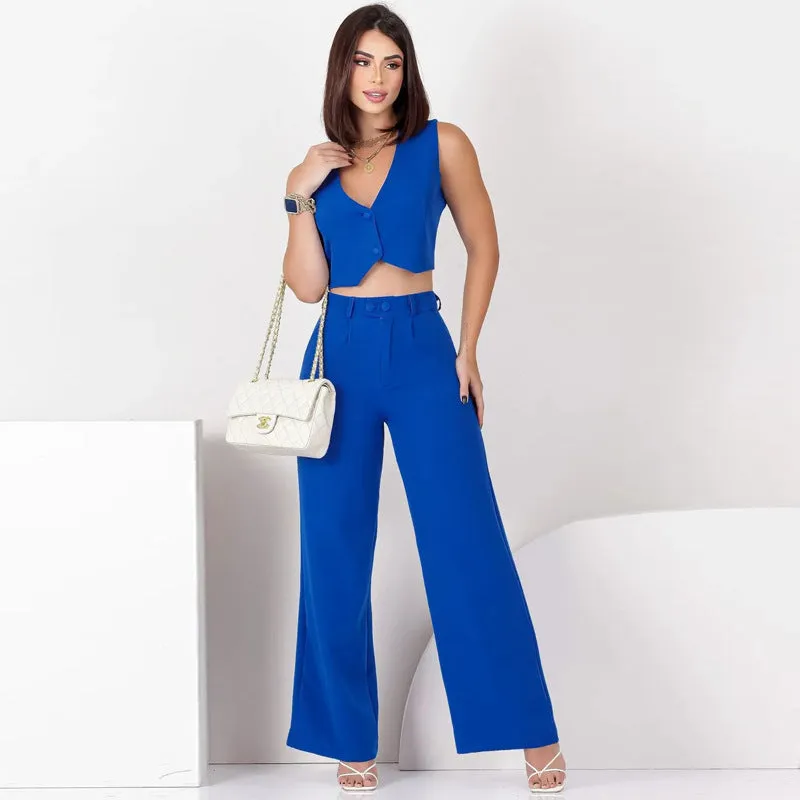 Fashion Cropped Vest Two-piece Bright Suit (3 Colors)