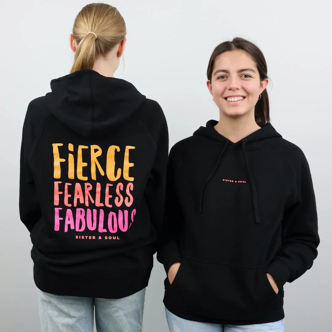 FIERCE FEARLESS FABULOUS HOODIE - Black with Colourful Print