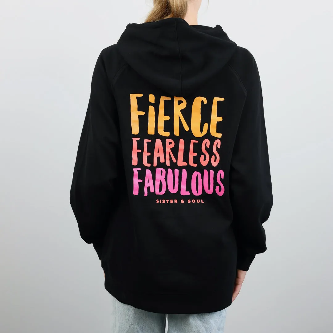 FIERCE FEARLESS FABULOUS HOODIE - Black with Colourful Print