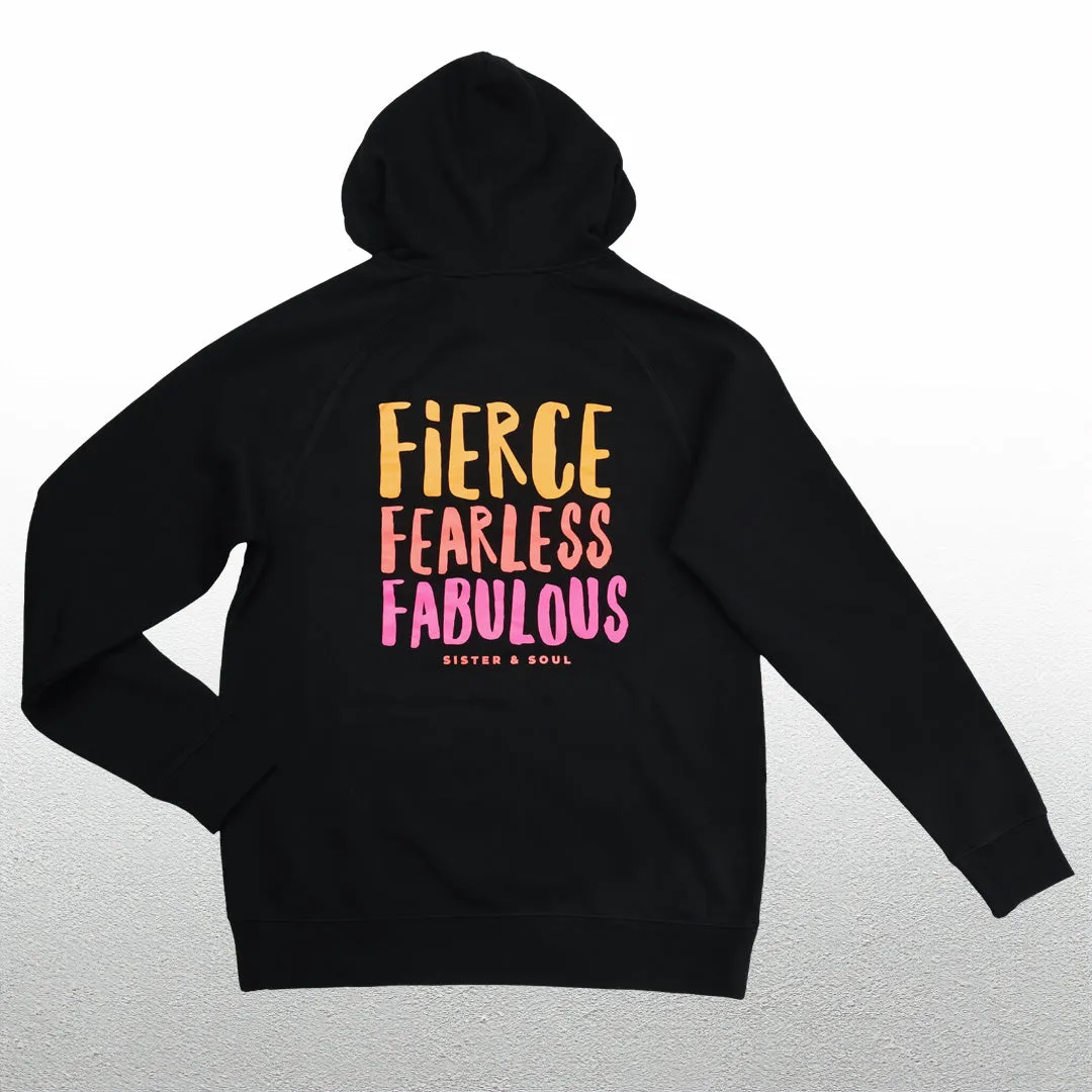 FIERCE FEARLESS FABULOUS HOODIE - Black with Colourful Print