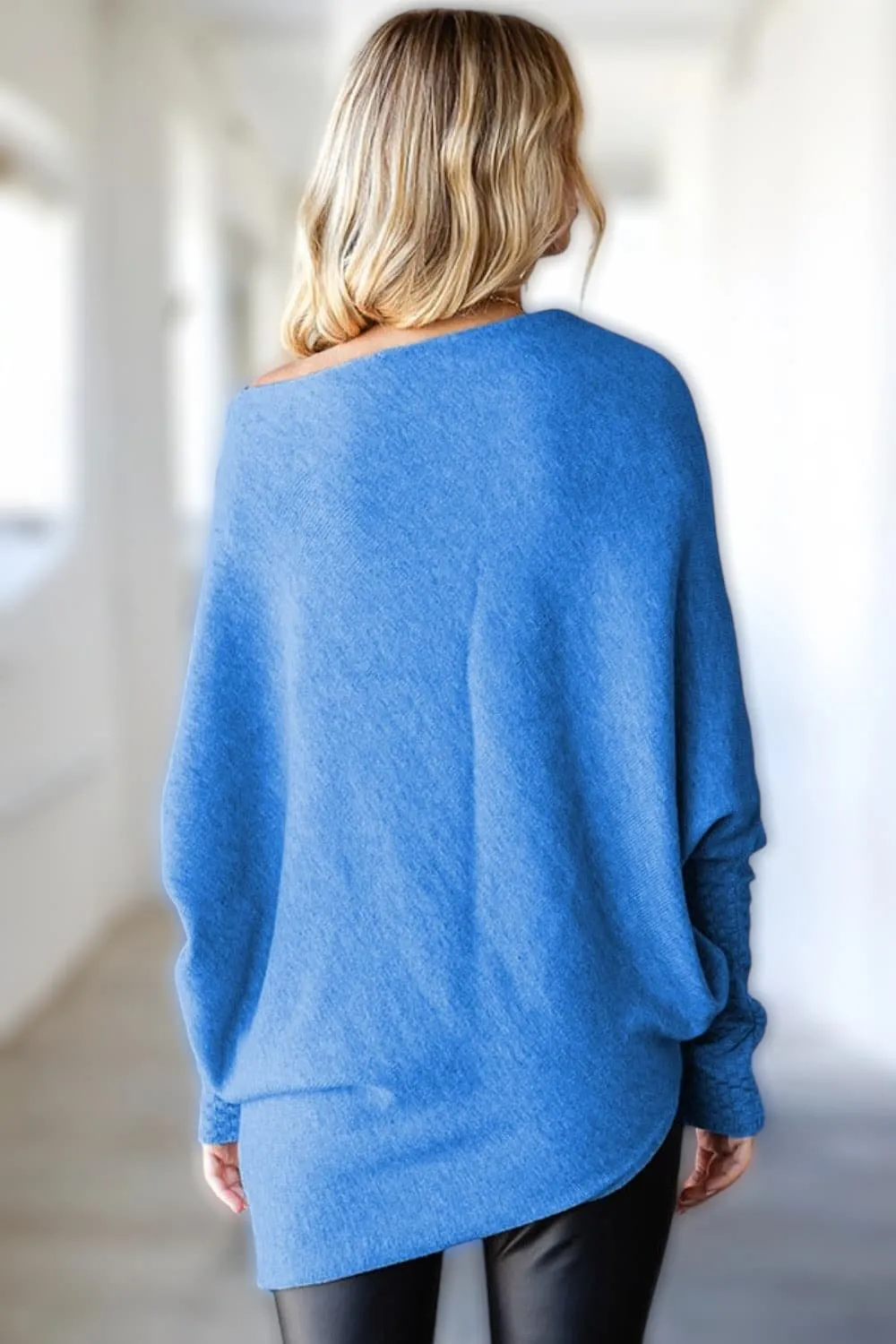 French Blue Asymmetrical Hem Dolman Sleeve Sweater