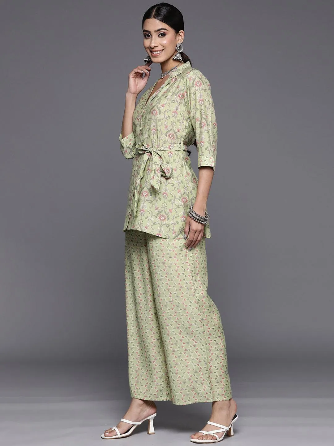 Green Printed Silk Blend Shirt With Palazzos