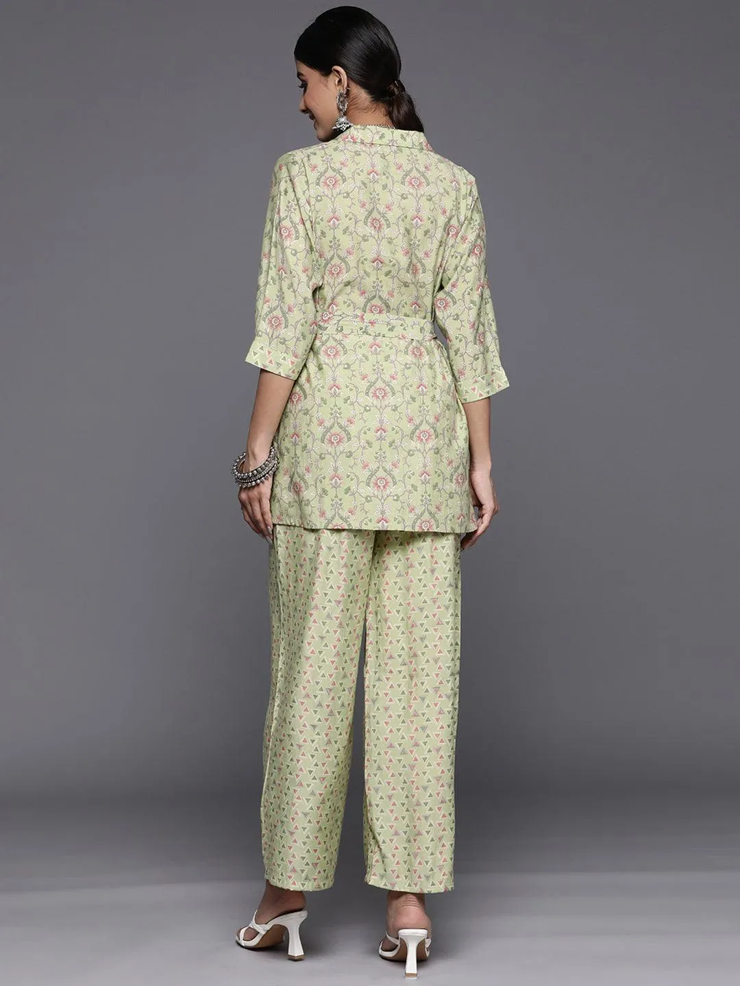 Green Printed Silk Blend Shirt With Palazzos