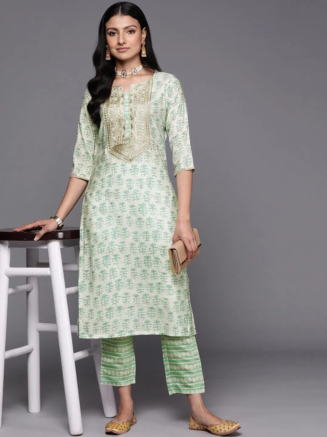 Green Printed Silk Straight Kurta With Trousers