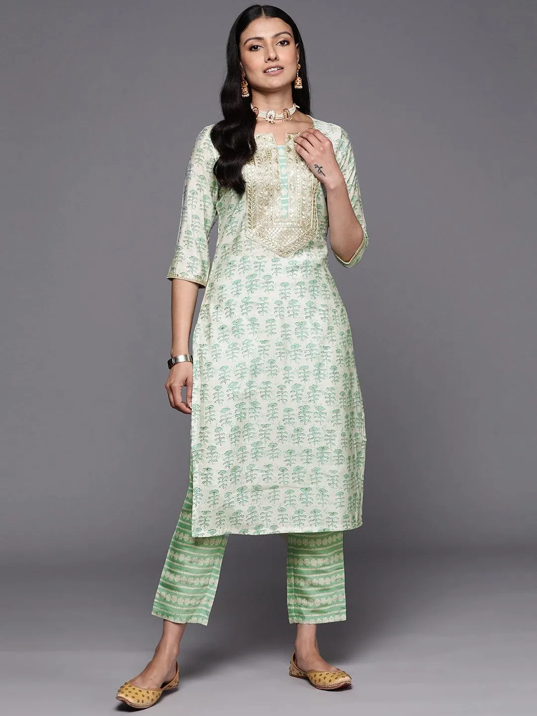 Green Printed Silk Straight Kurta With Trousers