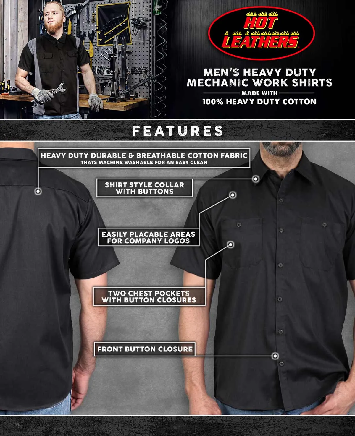 Hot Leathers GMM1009 Men's Mechanic Black Button Up Heavy-Duty Work Shirt for | Classic Mechanic Work Shirt