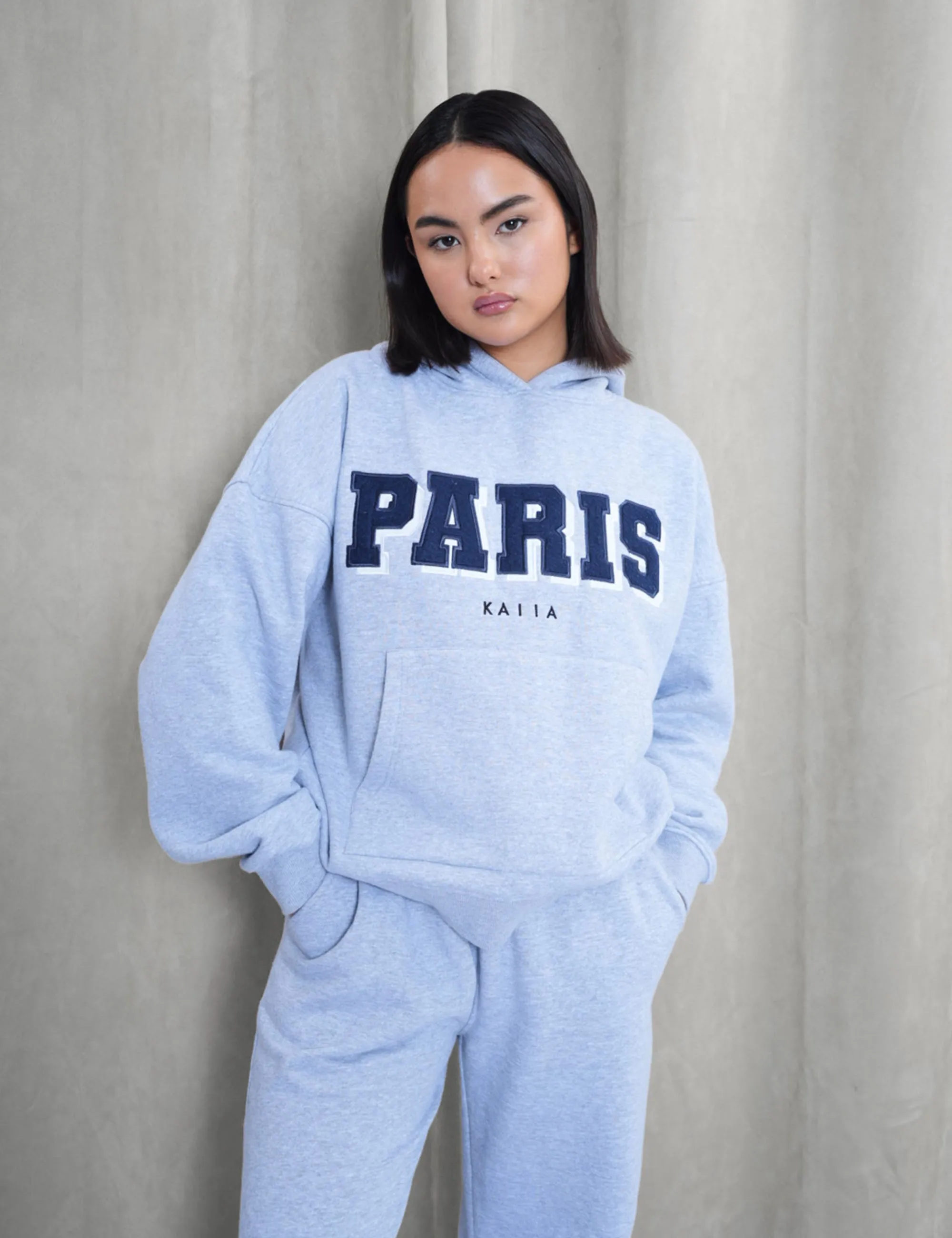 Kaiia Paris Shadow Logo Oversized Hoodie Grey Marl