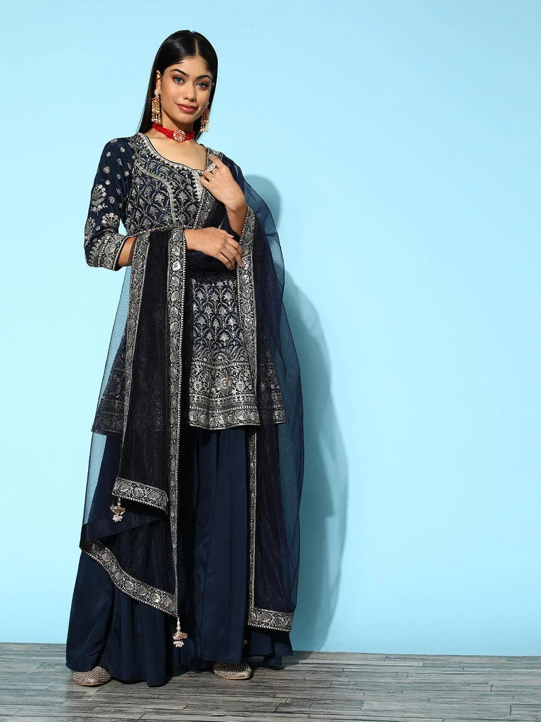 Libas Art Blue Embroidered Silk Anarkali Suit Set With Palazzos