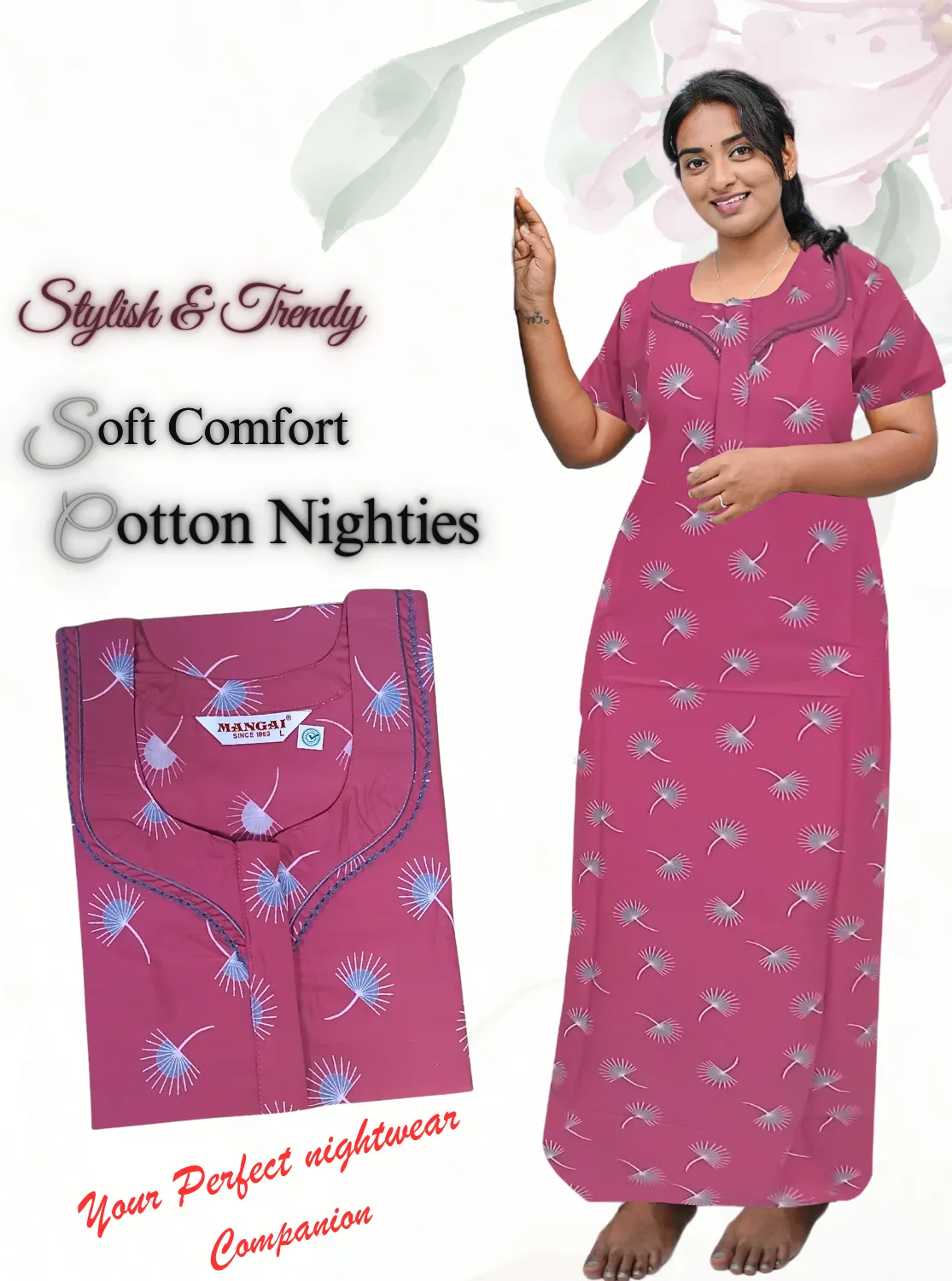 MANGAI New Regular Fit Cotton Printed Nighties - All Over Printed Stylish Nightwear for Stylish Women | Side Cut Pocket | Beautiful Nighties for Stylish Women's | Colorful Printed Cotton Nighties (CTCC)