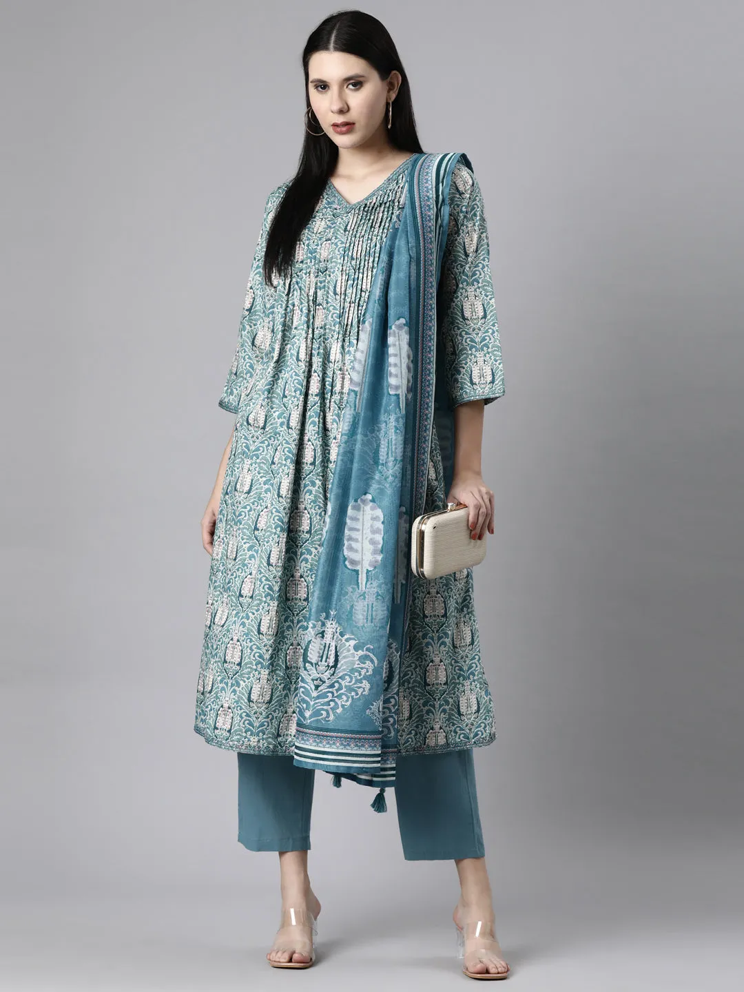 Neerus Blue Casual Quirky Anarkali Kurta and Trousers With Dupatta