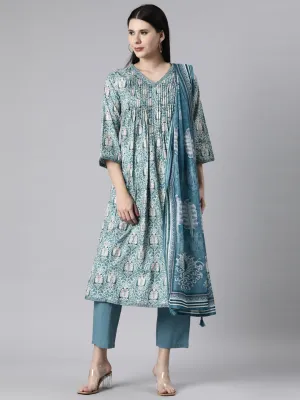 Neerus Blue Casual Quirky Anarkali Kurta and Trousers With Dupatta