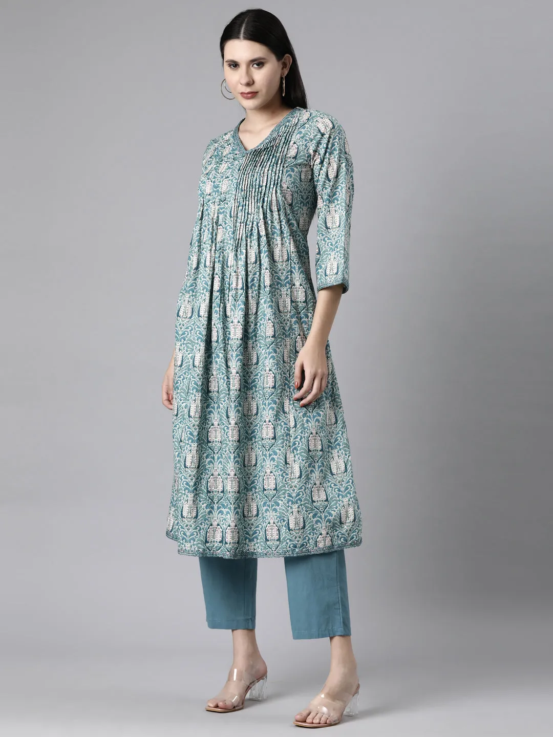 Neerus Blue Casual Quirky Anarkali Kurta and Trousers With Dupatta