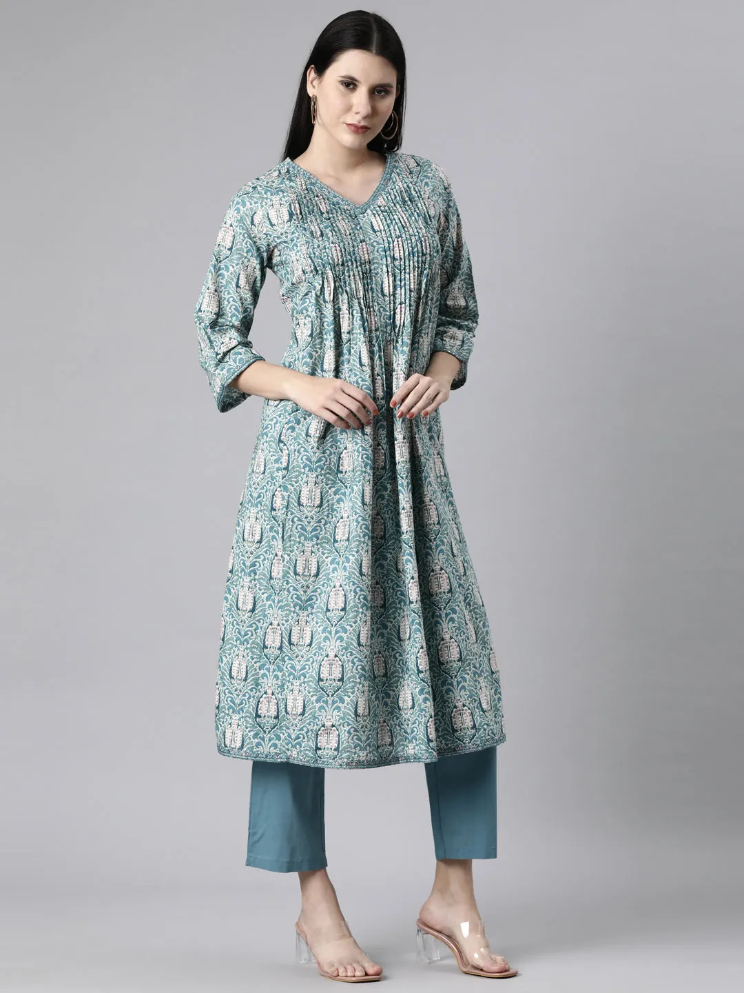 Neerus Blue Casual Quirky Anarkali Kurta and Trousers With Dupatta