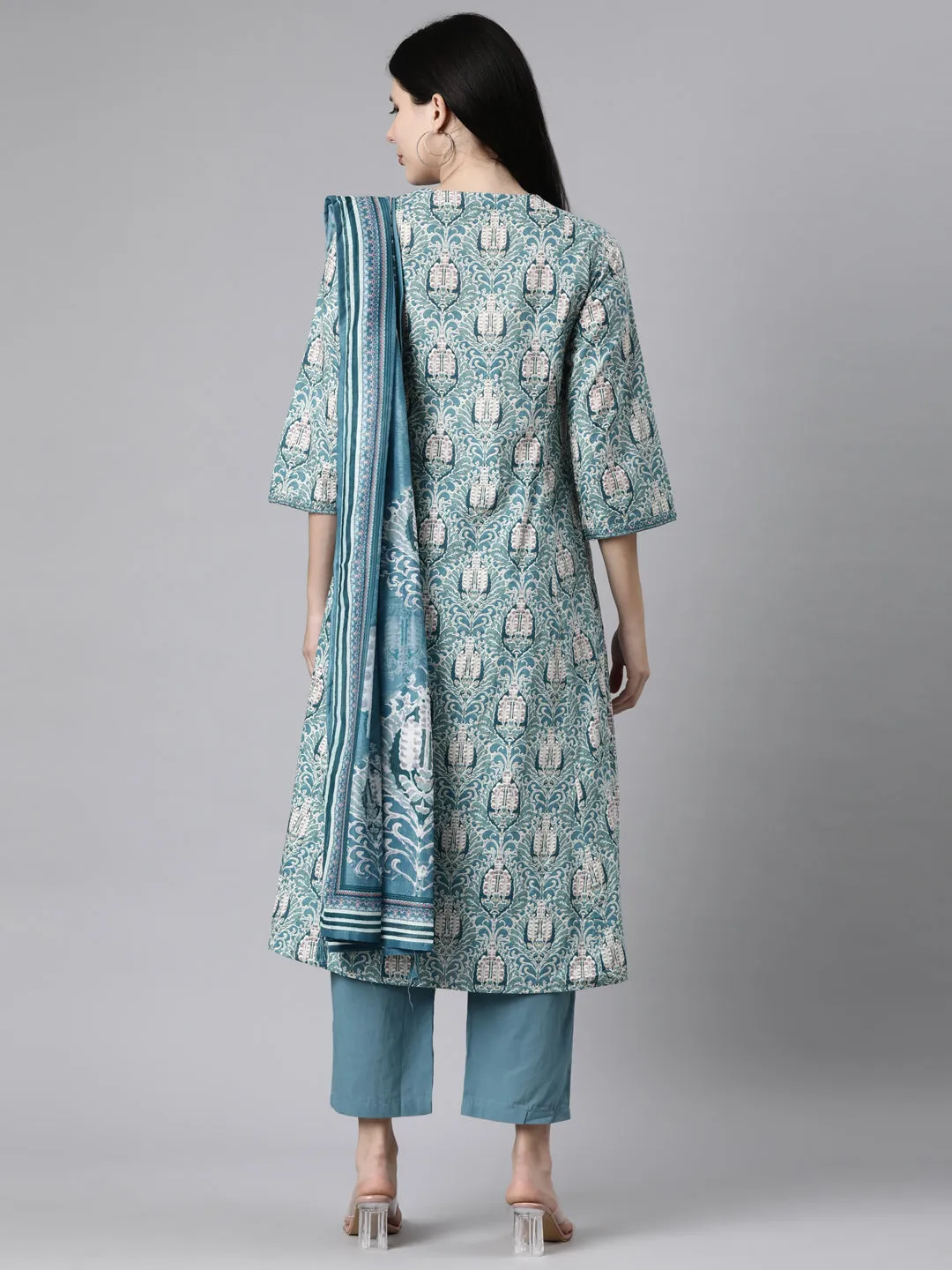 Neerus Blue Casual Quirky Anarkali Kurta and Trousers With Dupatta