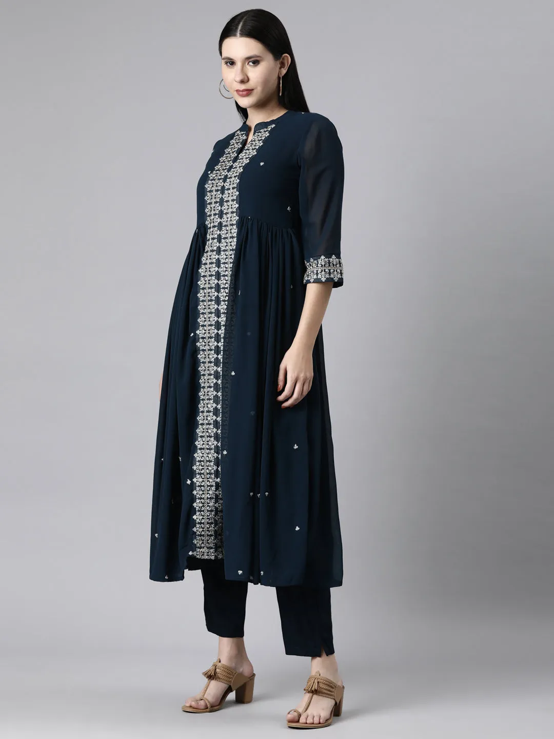 Neerus Green Casual Solid Anarkali Kurta and Trousers With Dupatta