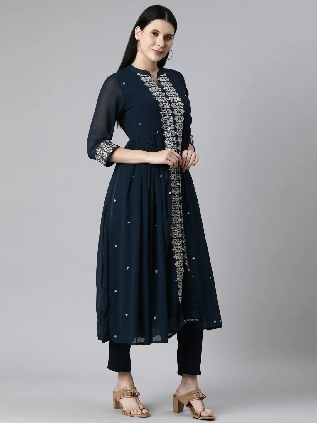 Neerus Green Casual Solid Anarkali Kurta and Trousers With Dupatta