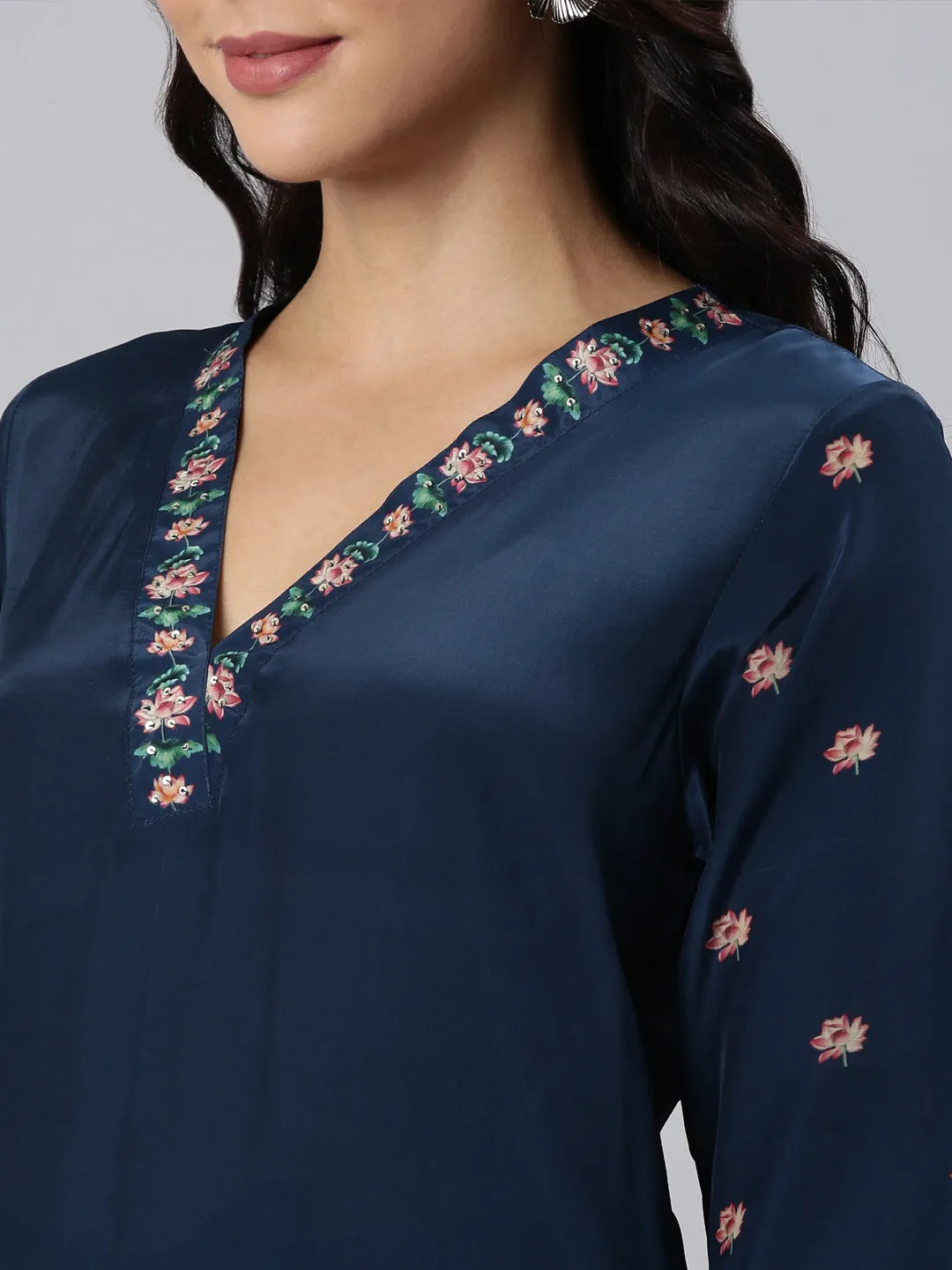 Neerus Navy Blue Panelled Straight Printed Kurta And Trousers With Dupatta