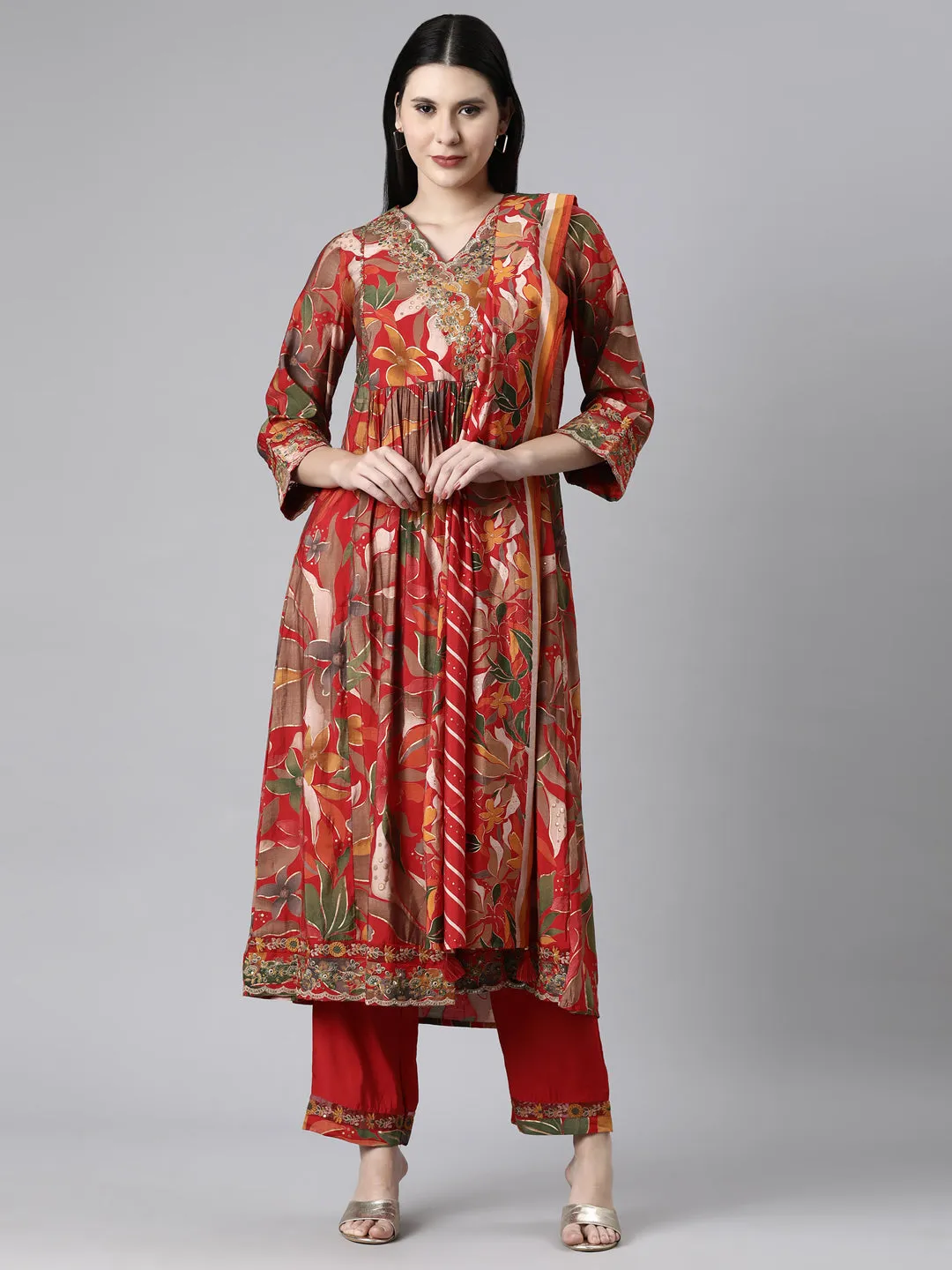 Neerus Red Casual Floral Anarkali Kurta and Trousers With Dupatta