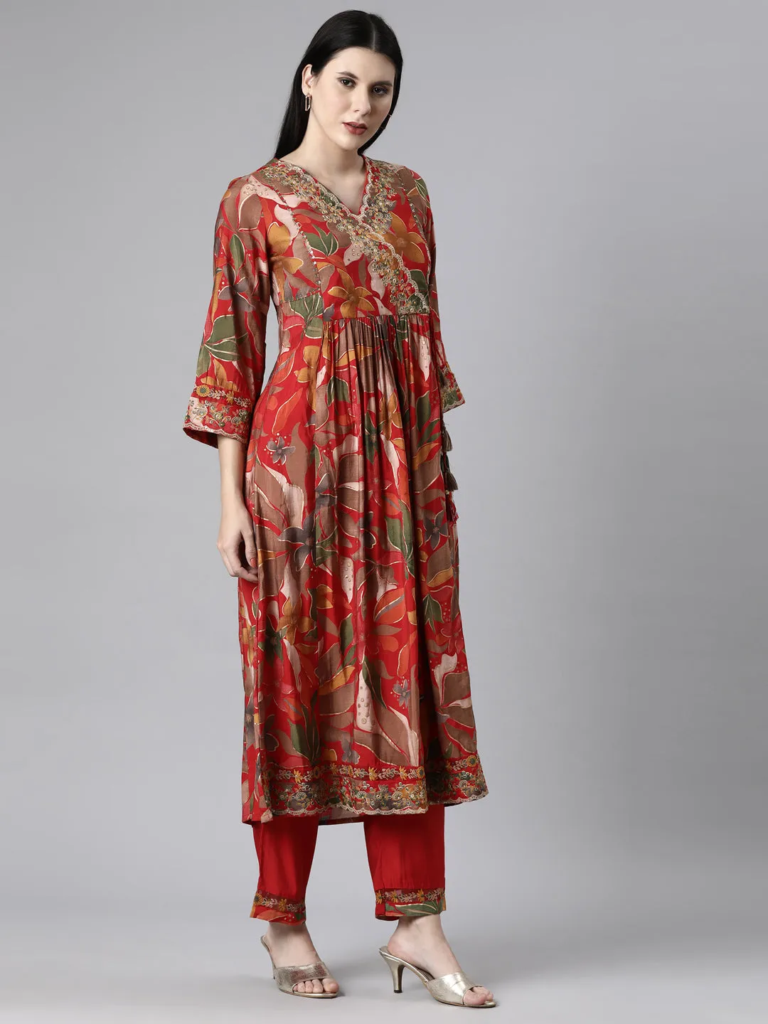 Neerus Red Casual Floral Anarkali Kurta and Trousers With Dupatta