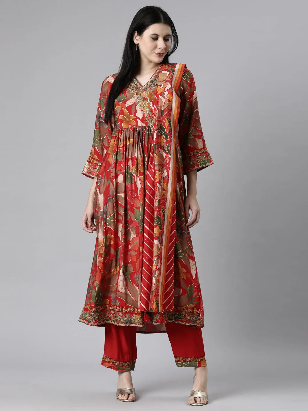 Neerus Red Casual Floral Anarkali Kurta and Trousers With Dupatta