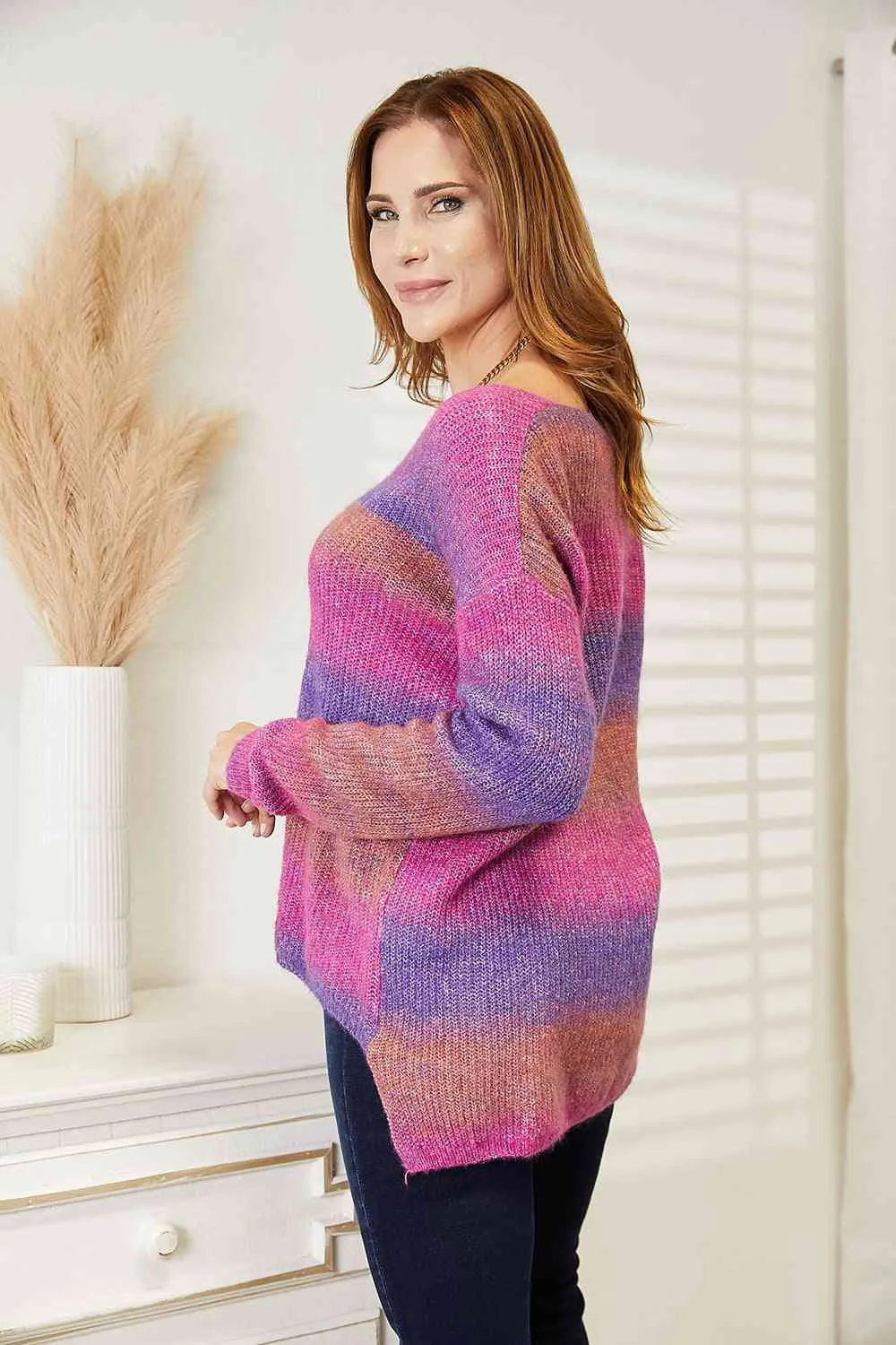 NicholesGifts Women Double Take Multicolored Rib-Knit V-Neck Knit Pullover Sweater