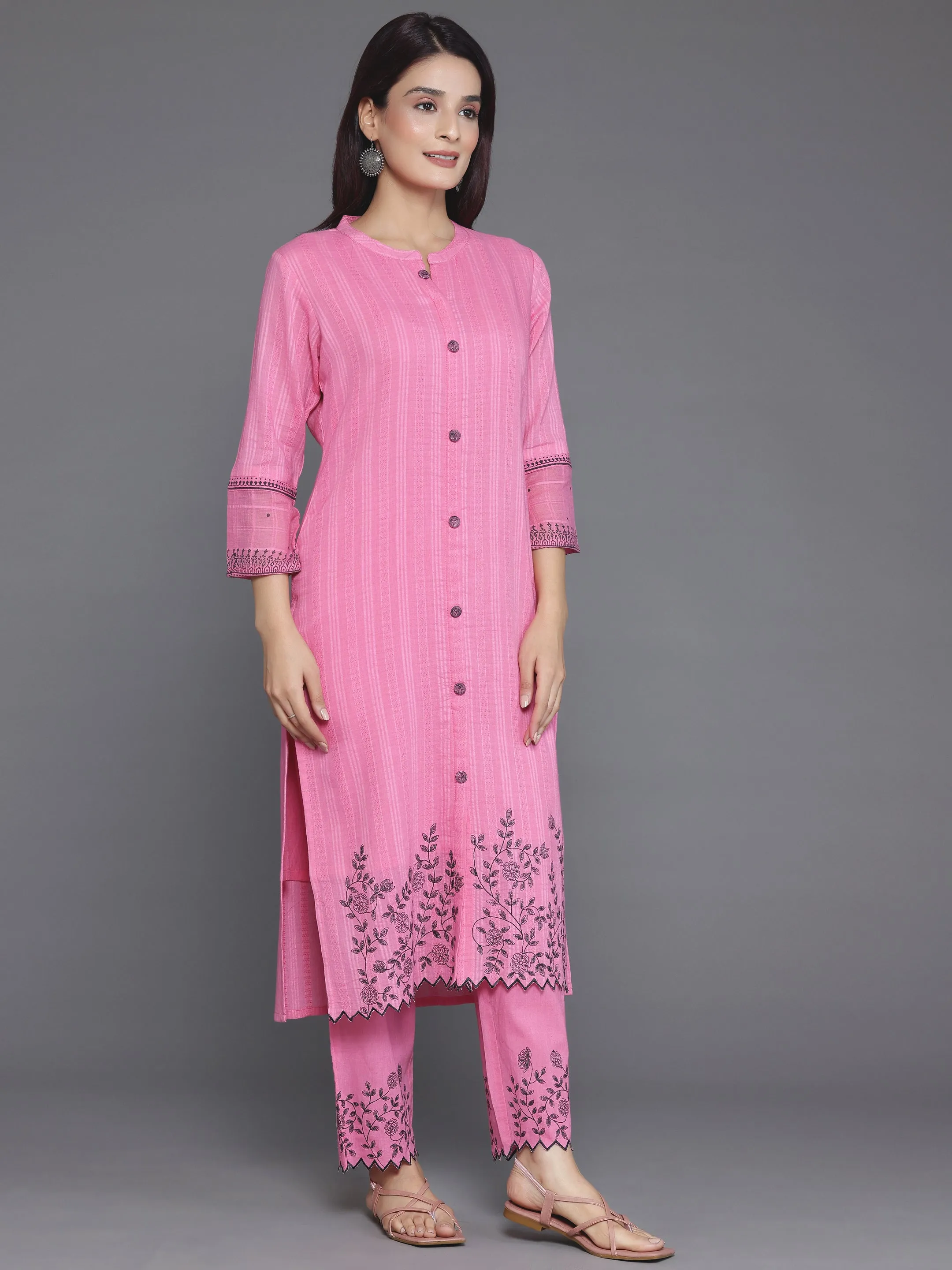 Pink Woven Design Cotton Straight Suit With Dupatta