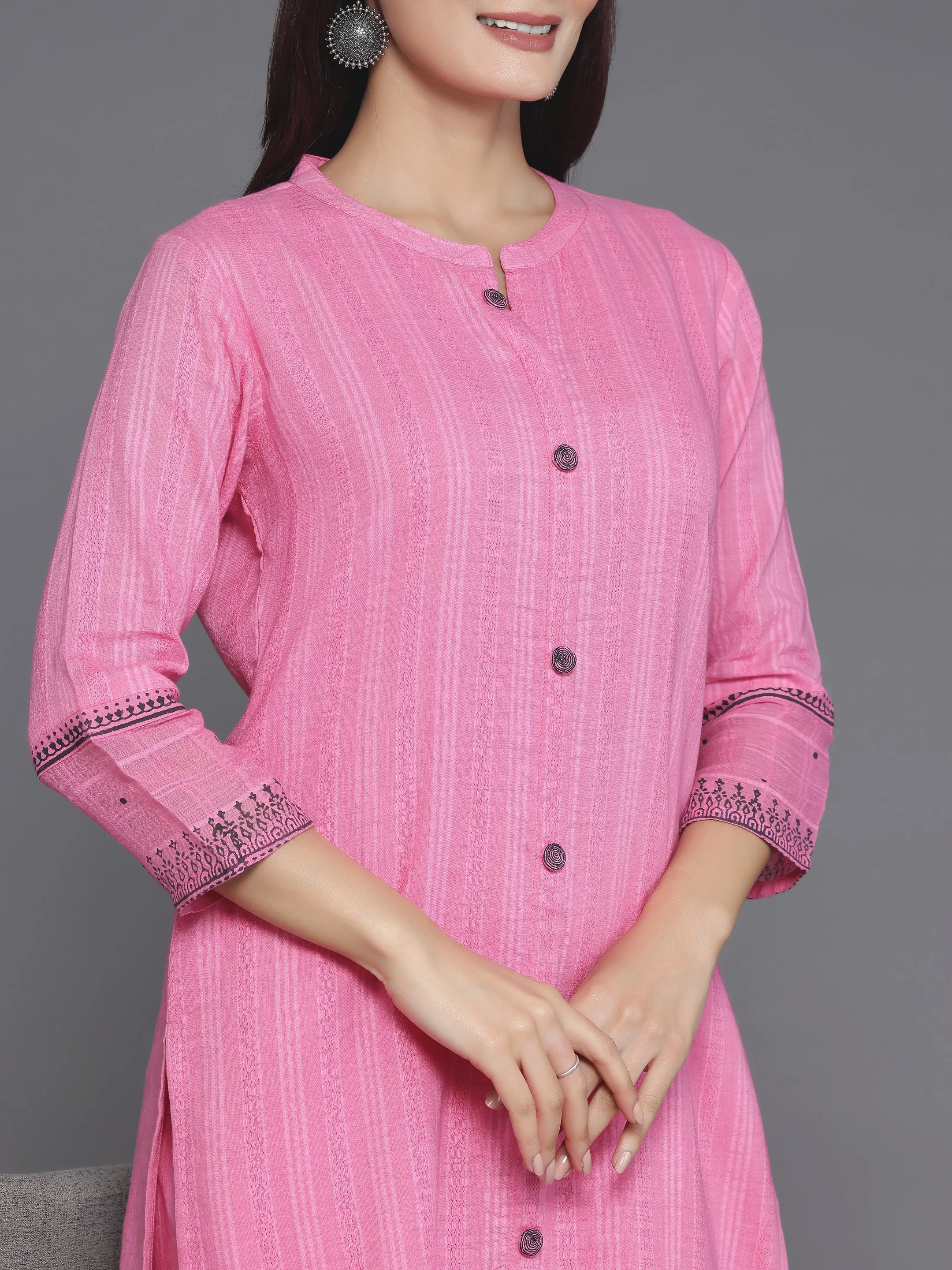 Pink Woven Design Cotton Straight Suit With Dupatta