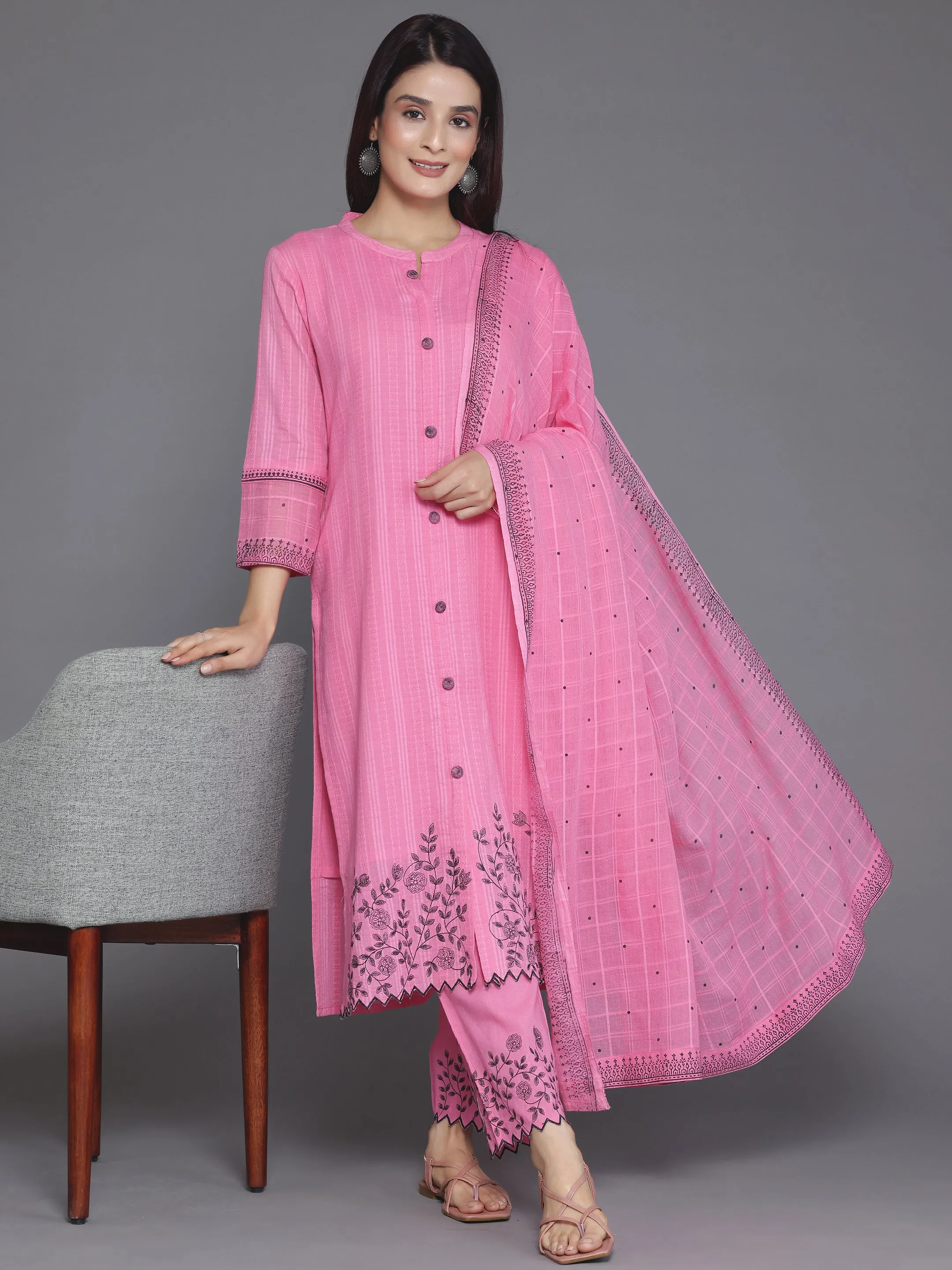 Pink Woven Design Cotton Straight Suit With Dupatta