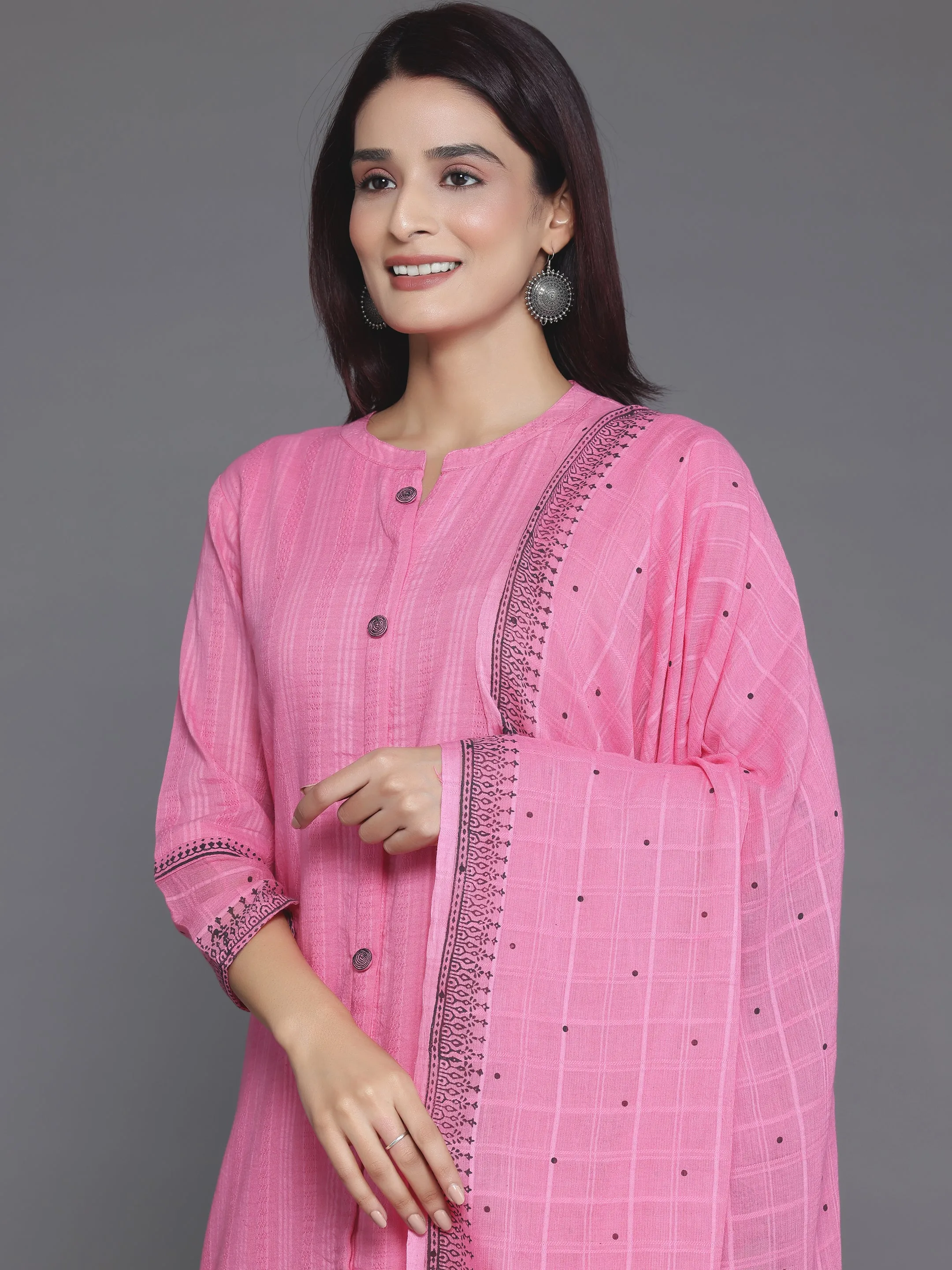 Pink Woven Design Cotton Straight Suit With Dupatta