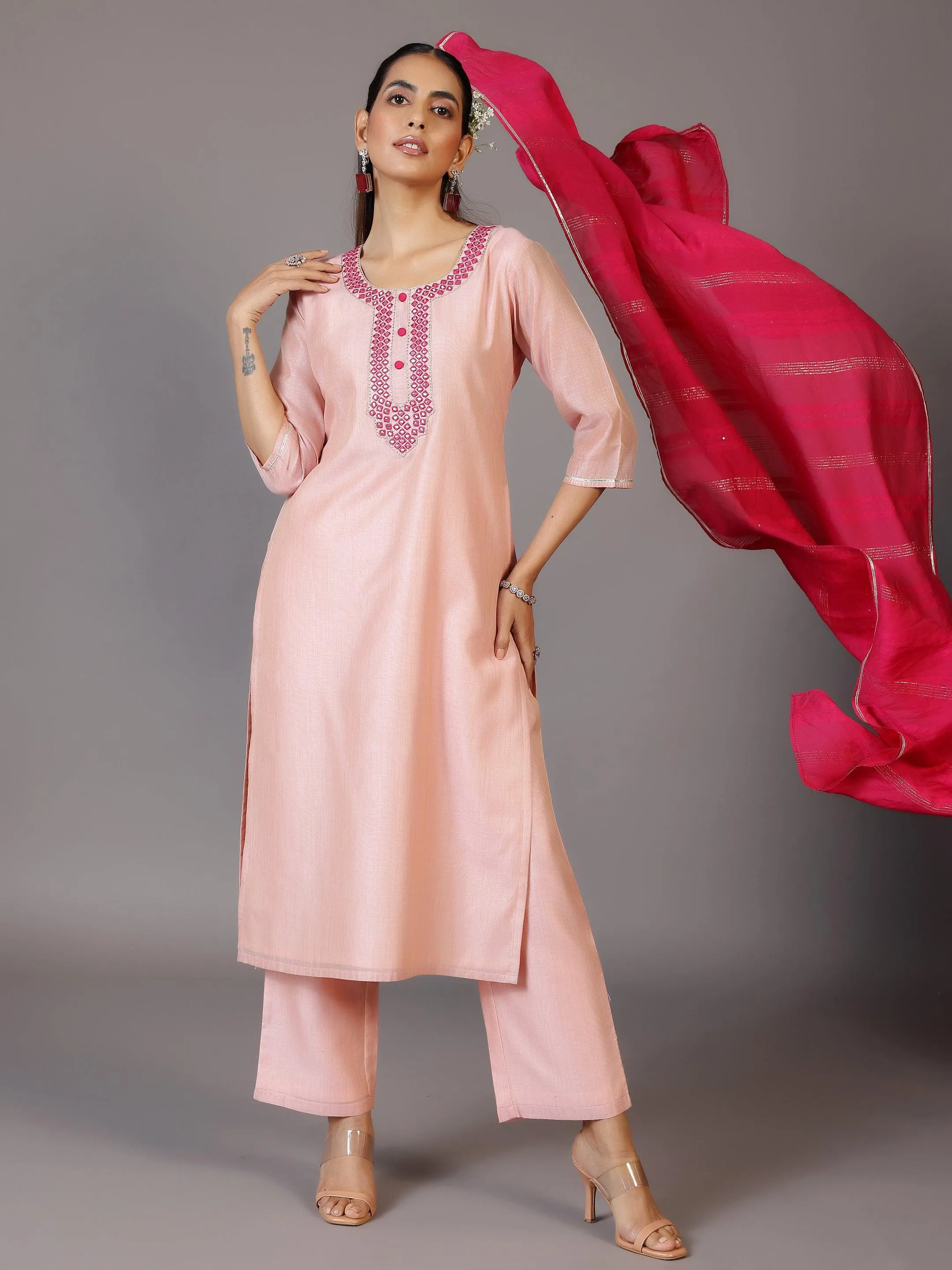 Pink Yoke Design Chanderi Silk Straight Kurta With Trousers & Dupatta