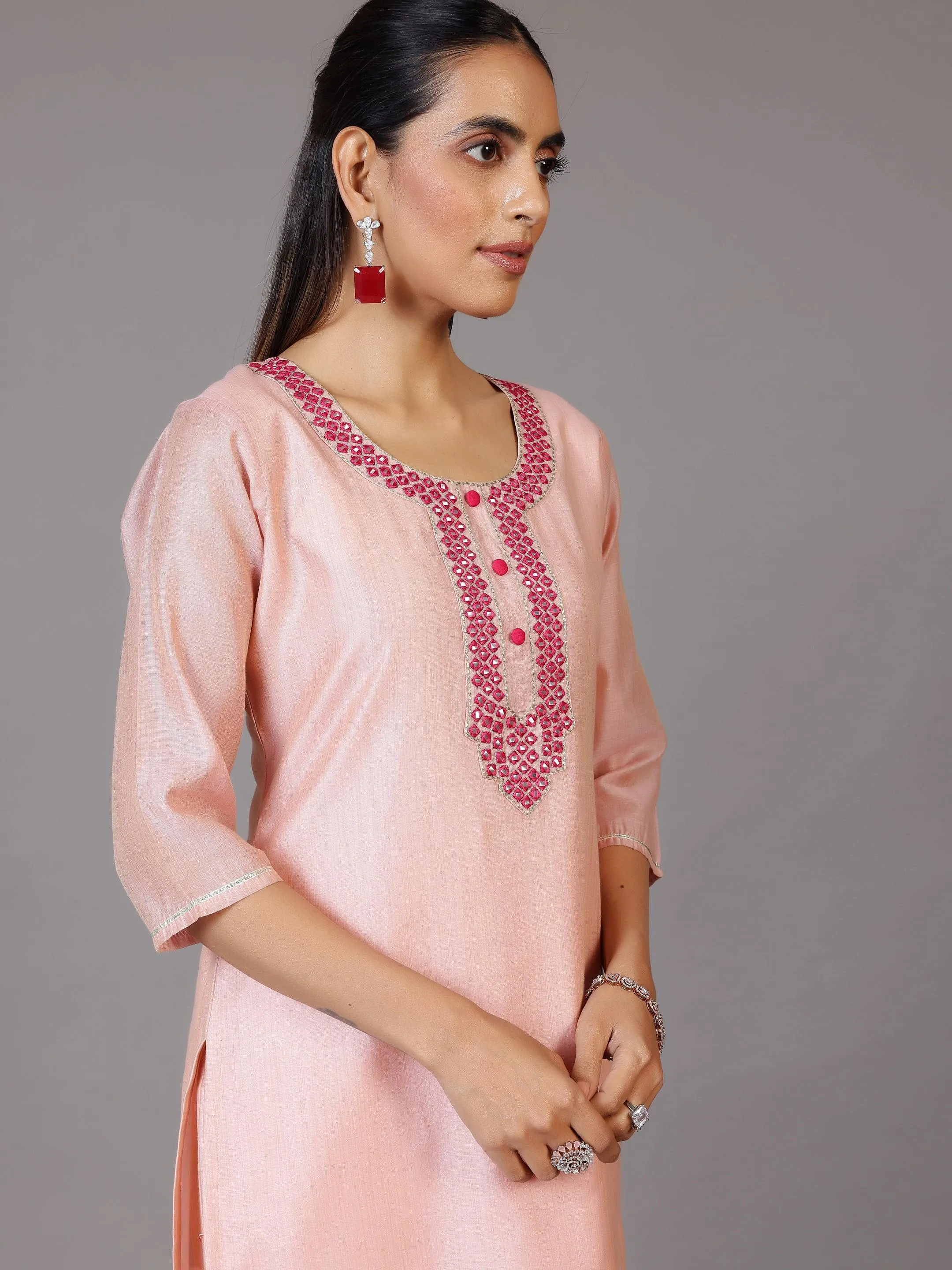 Pink Yoke Design Chanderi Silk Straight Kurta With Trousers & Dupatta