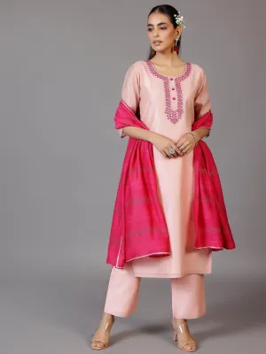 Pink Yoke Design Chanderi Silk Straight Kurta With Trousers & Dupatta