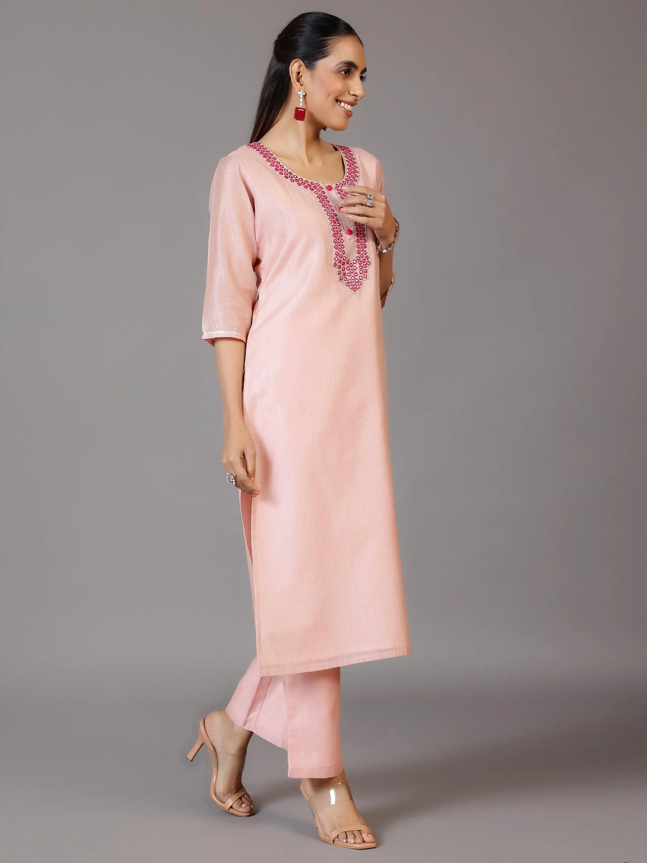 Pink Yoke Design Chanderi Silk Straight Kurta With Trousers & Dupatta