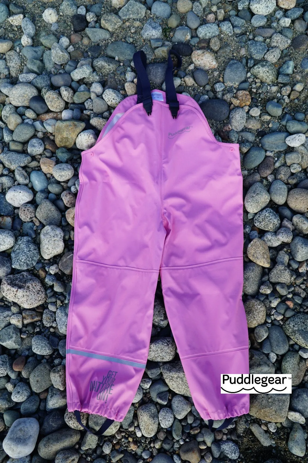 Puddlegear Kids Rain Pants in Pink (bib, overall, shell style)