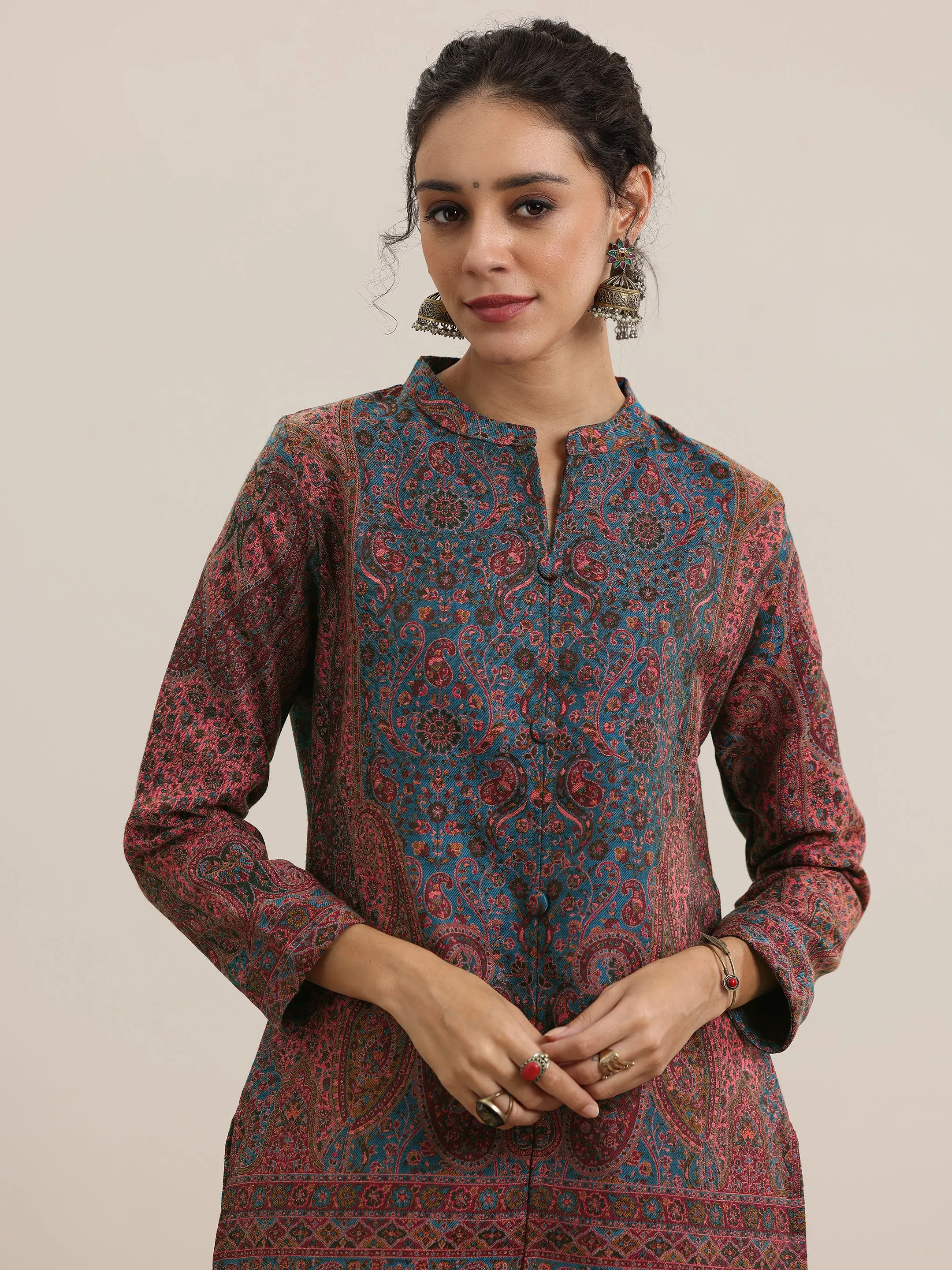 Rust Woven Design Wool Blend Straight Kurta With Palazzos