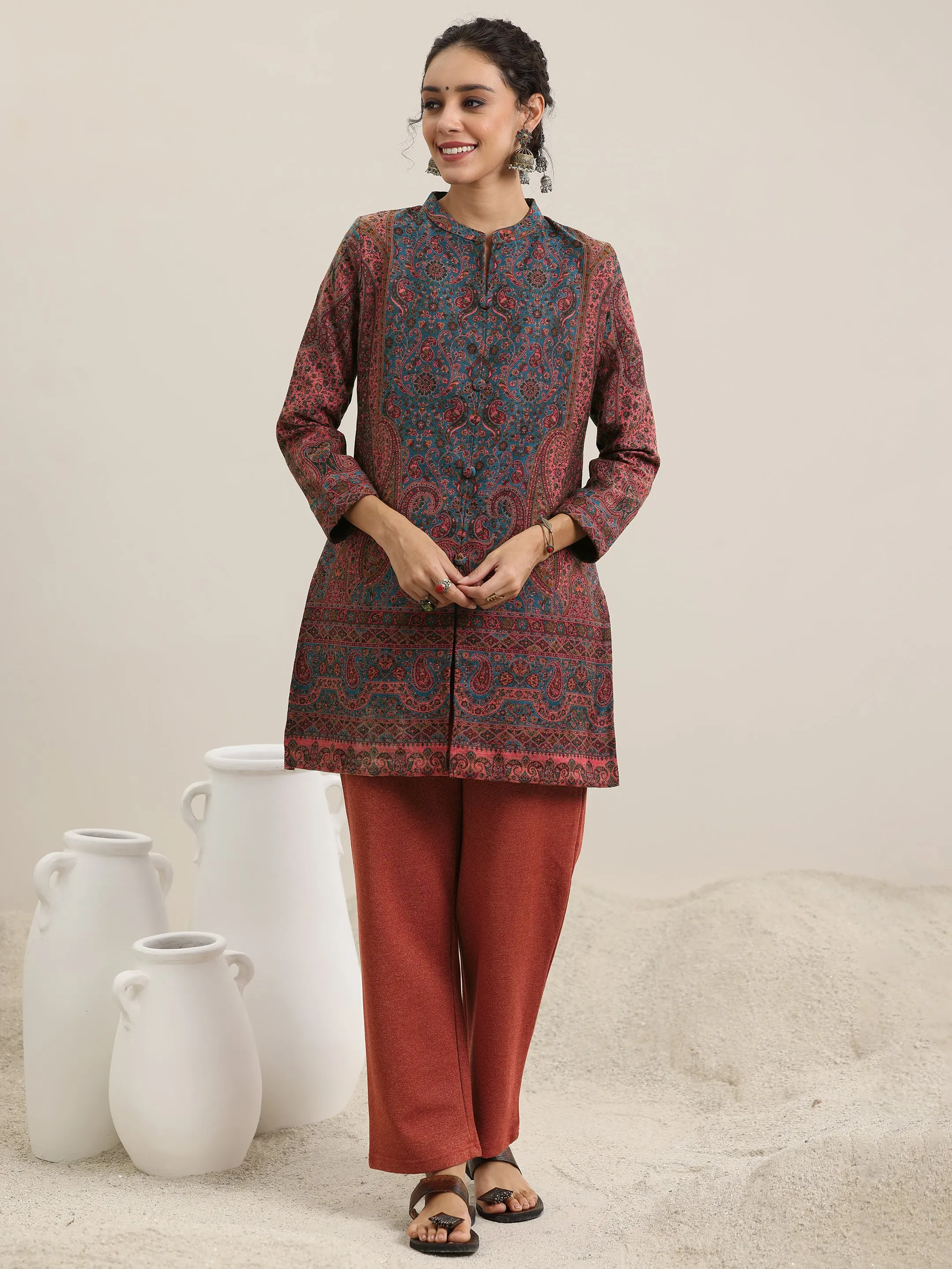 Rust Woven Design Wool Blend Straight Kurta With Palazzos