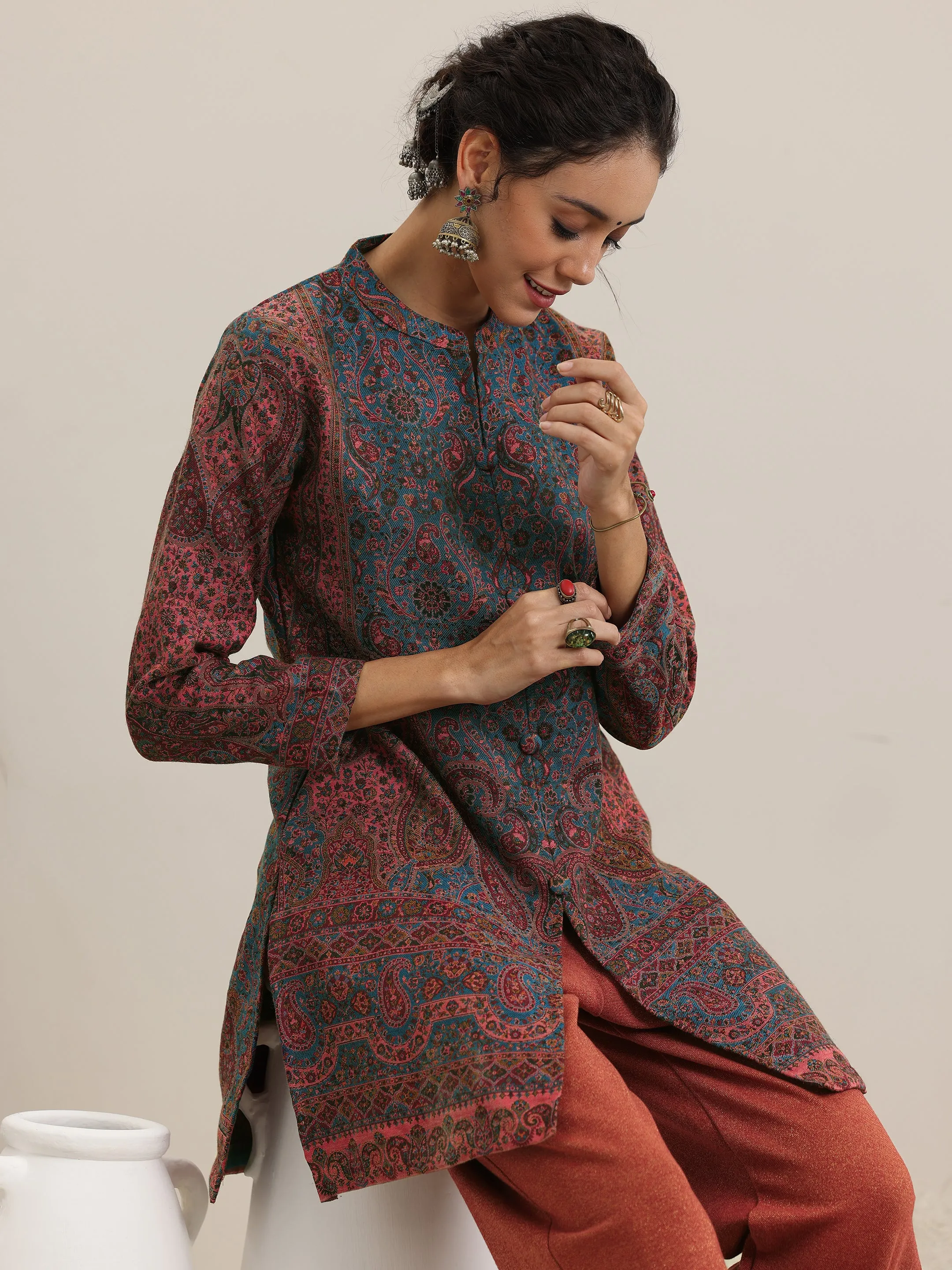 Rust Woven Design Wool Blend Straight Kurta With Palazzos