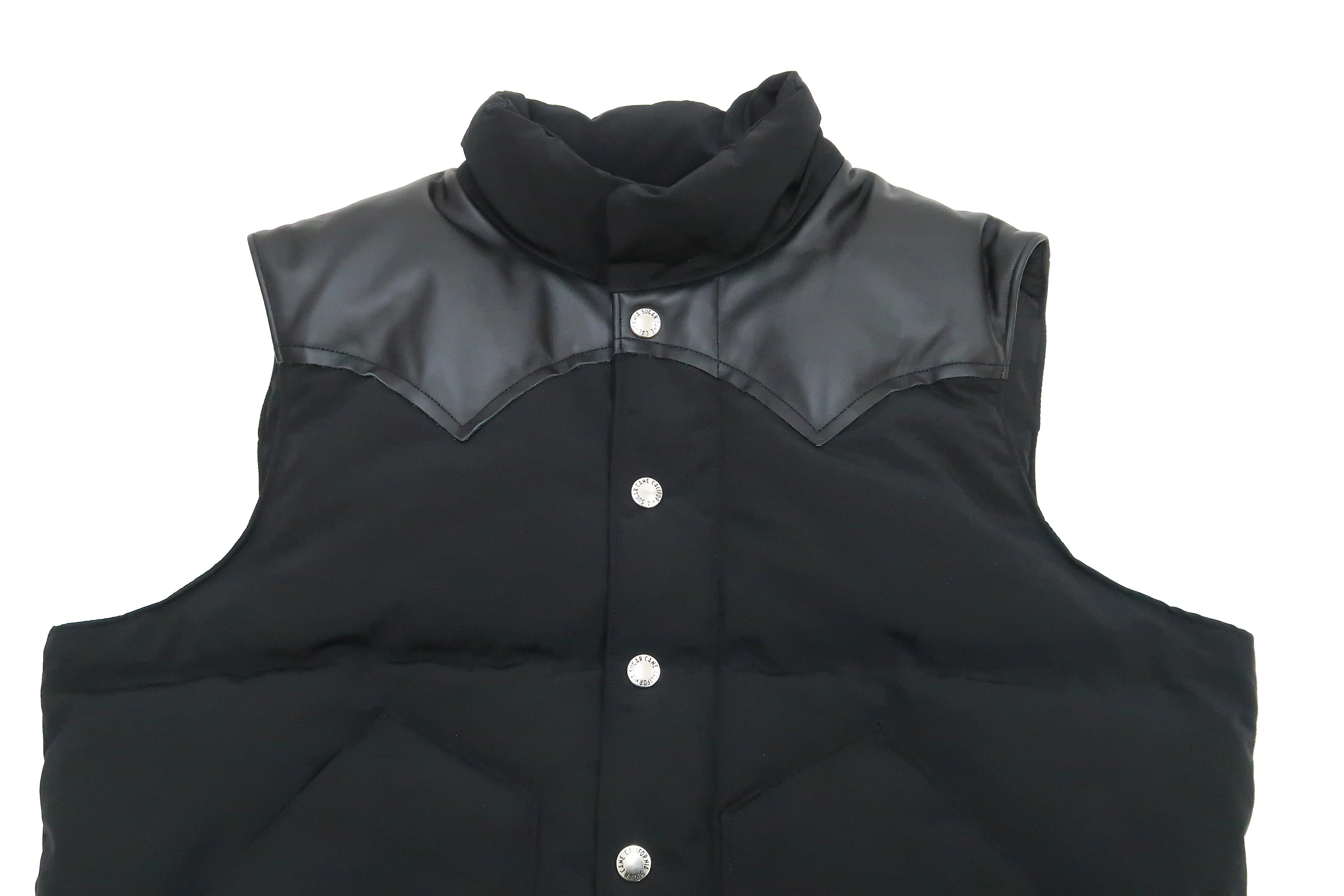 Sugar Cane Down Vest with Leather Yoke Panel Men's Winter Outerwear Vest SC15222 119 Black/Black