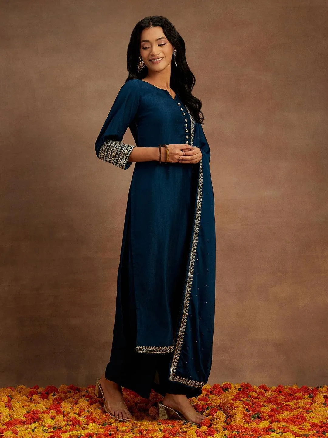 Teal Solid Silk Blend Straight Suit With Dupatta