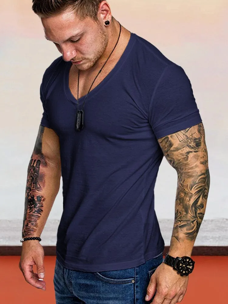 V-neck Solid Color Workout T-Shirts