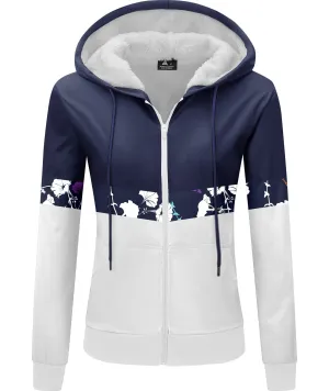 Women's Fleece Lined Drawstring Zip-Up Printed Hoodie-ZPK006158