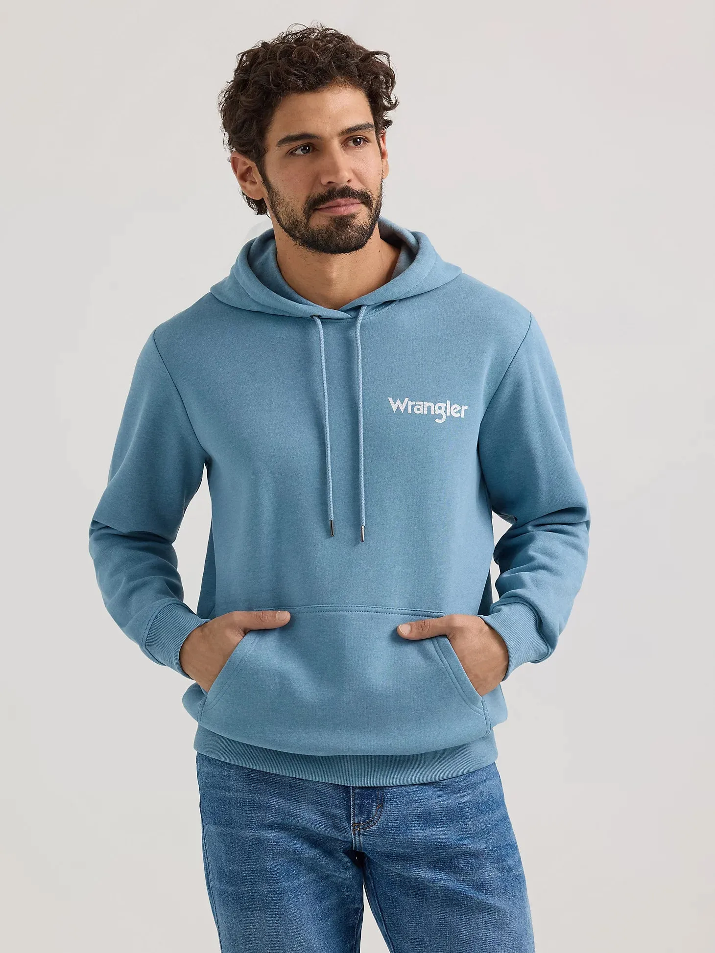 Wrangler Men's Desert Cacti Logo Pullover Hoodie in Medium Blue