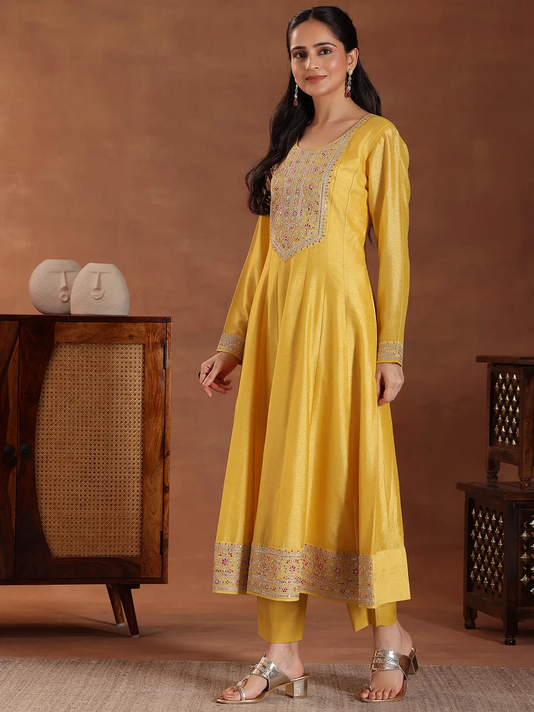 Yellow Yoke Design Silk Blend A-Line Kurta With Trousers & Dupatta