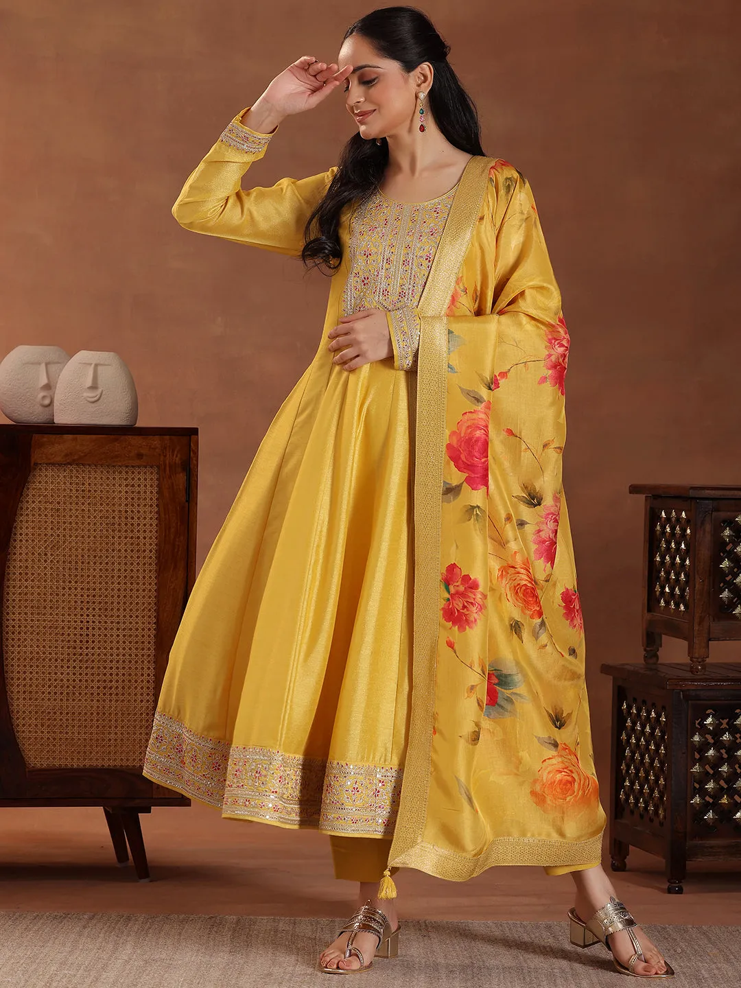 Yellow Yoke Design Silk Blend A-Line Kurta With Trousers & Dupatta